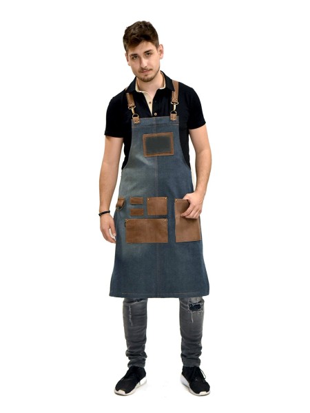 Ολόσωμη Ποδιά Χιαστί Τζιν Μπλε Με Καφέ Δέρμα Ολόσωμη Ποδιά Χιαστί Τζιν Μπλε Με Καφέ Δέρμα