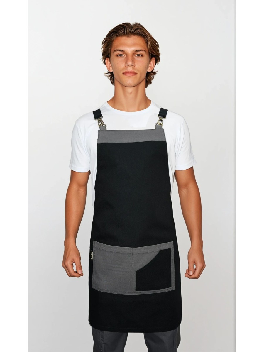 Ολόσωμη Ποδιά Χιαστί Καμβάς Μαύρη Με Γκρι