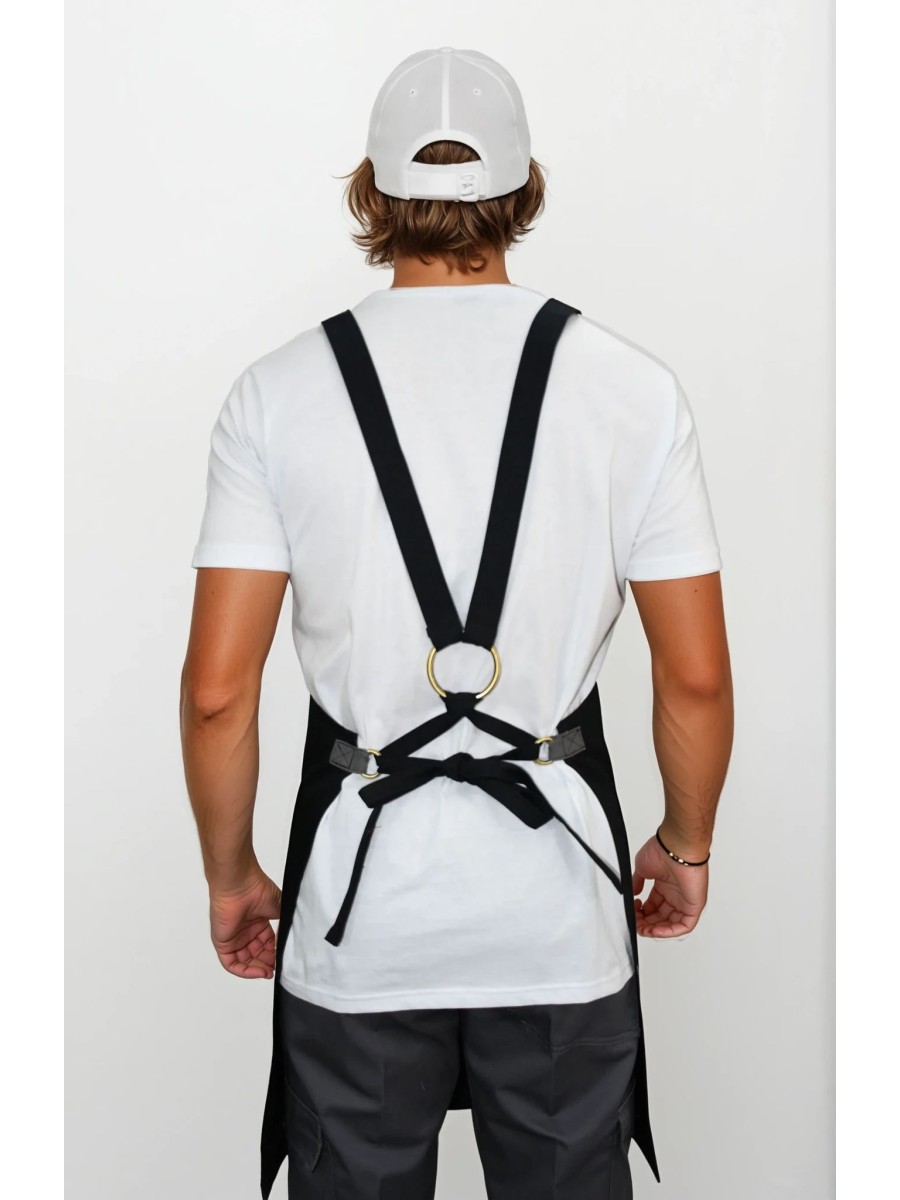 Ολόσωμη Ποδιά Χιαστί Καμβάς Μαύρη Με Γκρι