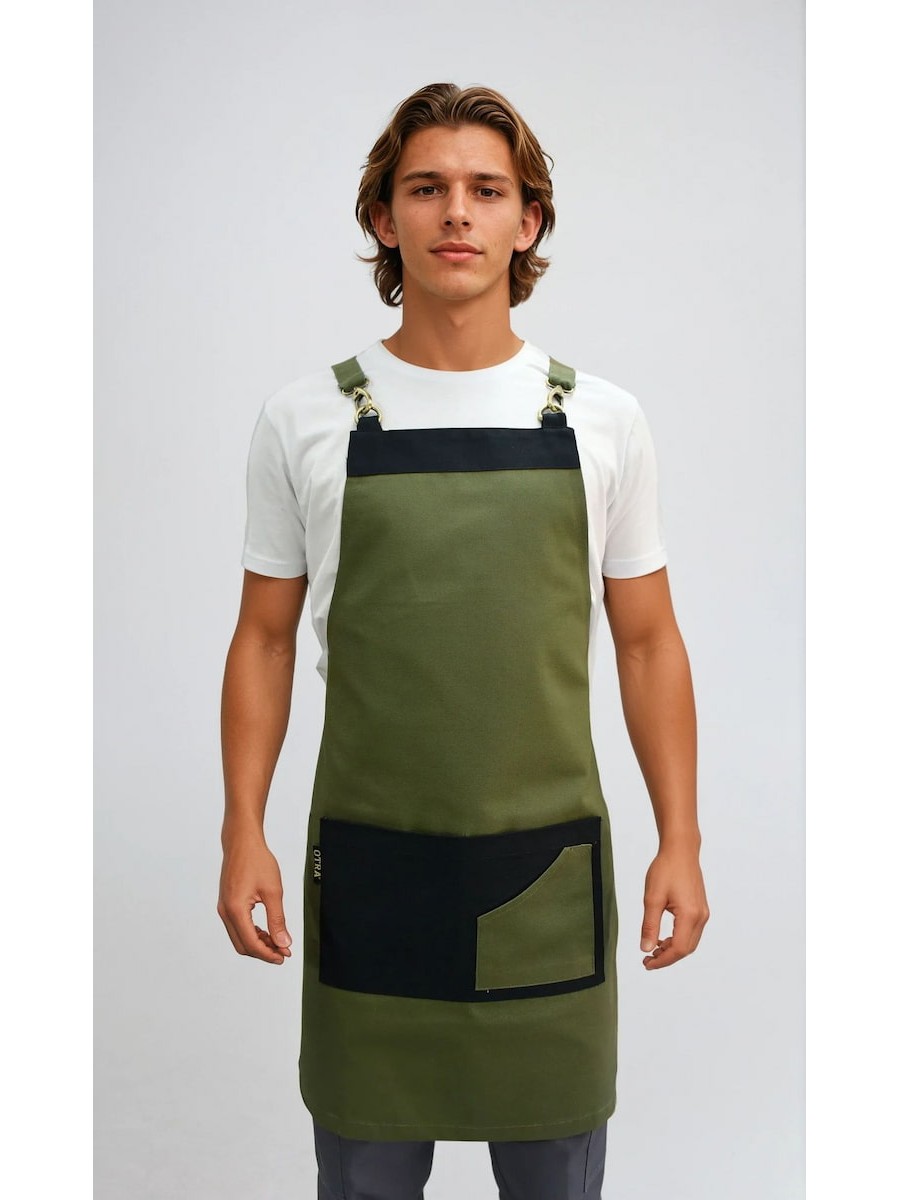 Ολόσωμη Ποδιά Χιαστί Λαδί Με Μαύρο