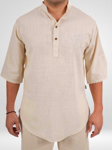 Πουκαμισα Αντρική Λινή Μπεζ Με κρόσια Fringe Πουκαμισα Αντρική Λινή Μπεζ Με κρόσια Fringe
