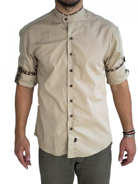 Πουκάμισο Αντρικό Μπεζ με Μαο Γιακά Και Σχέδιο Πουκάμισο Αντρικό Μπεζ με Μαο Γιακά Και Σχέδιο