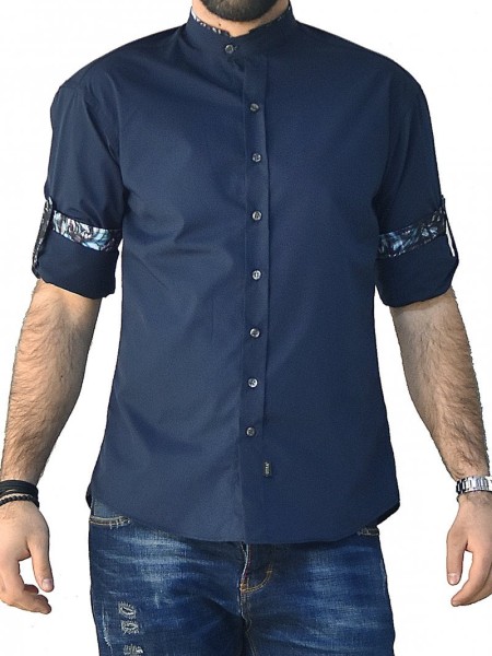 Πουκάμισο Αντρικό Μπλε με Μαο Γιακά