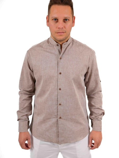 Πουκάμισο Λινό με Μαο Γιακά Μπεζ Πουκάμισο Λινό με Μαο Γιακά Μπεζ